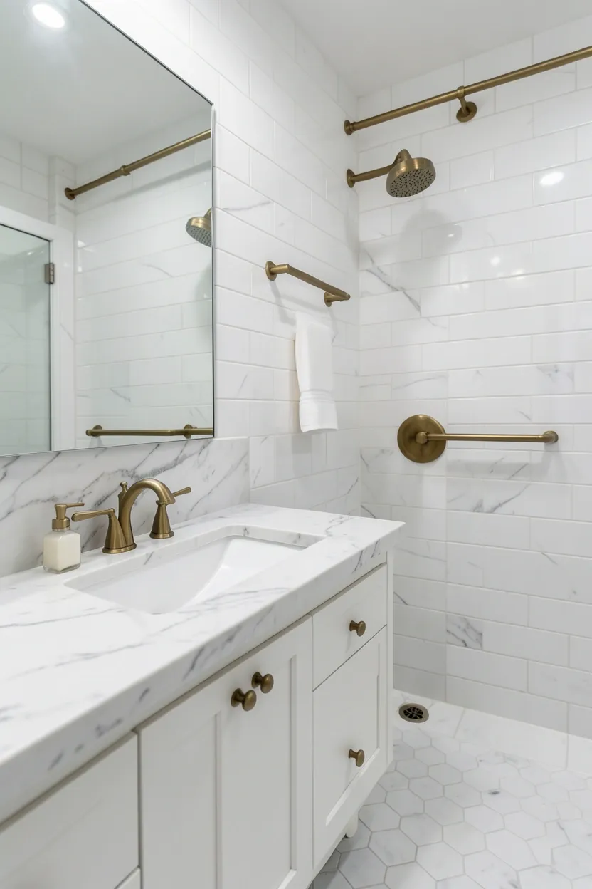 White bathroom with Carrara marble countertop, brushed brass faucet and hardware, and white subway tile walls for an elegant look
