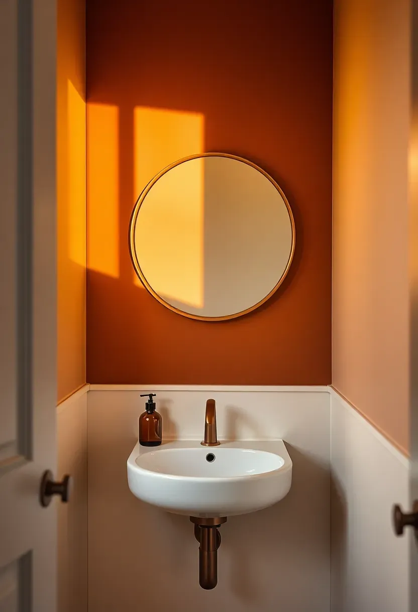 Small bathroom with one burnt sienna accent wall behind a freestanding copper-toned mirror