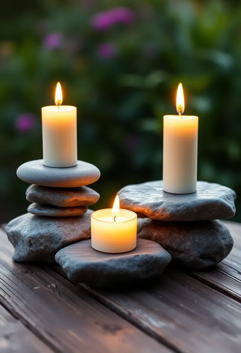 Three stacked flat river stones serving as candle holders with lit pillar candles on a rustic outdoor side table
