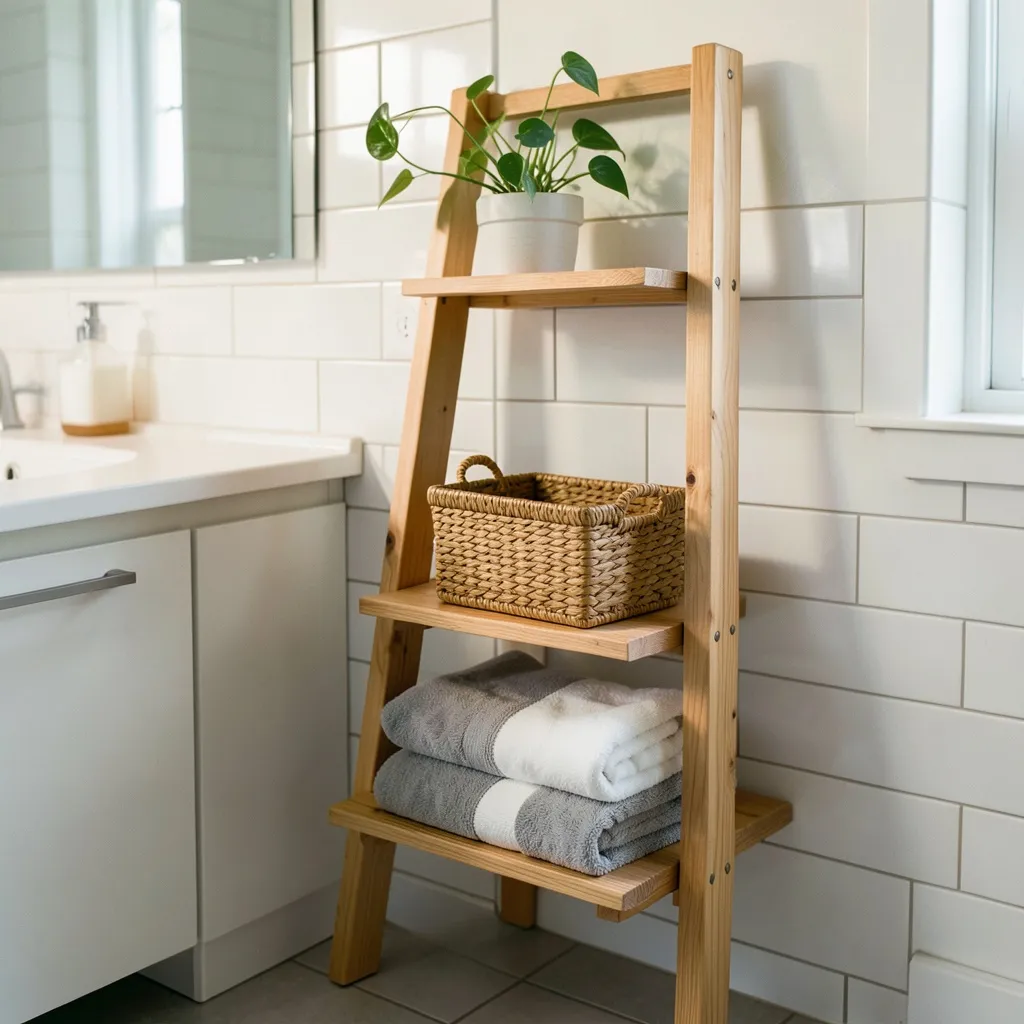 DIY wooden ladder shelf leaning against bathroom wall with towels