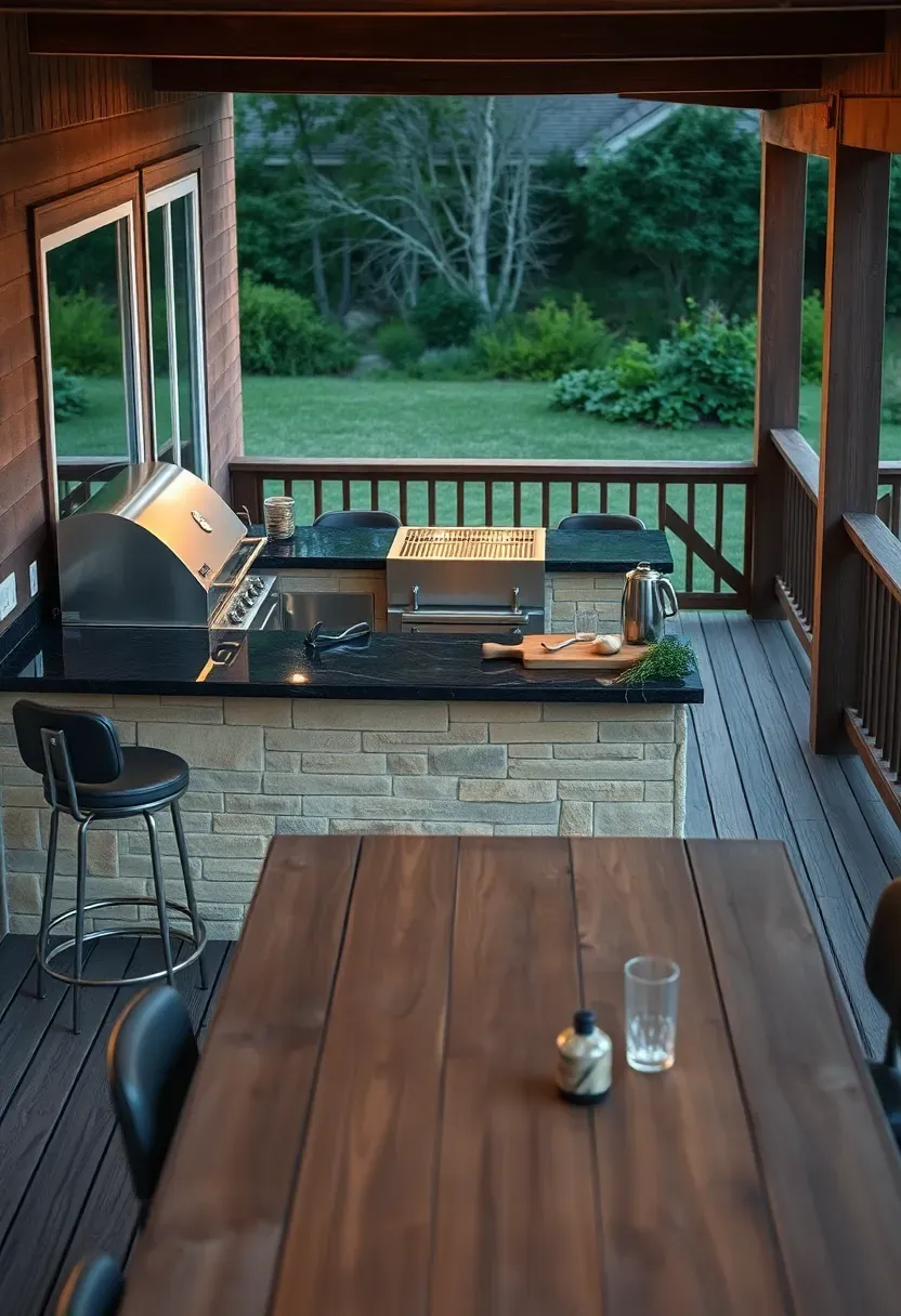 Upper deck level designed as an outdoor kitchen with a built-in grill, countertop, and bar stools overlooking a lower deck dining area with a long table