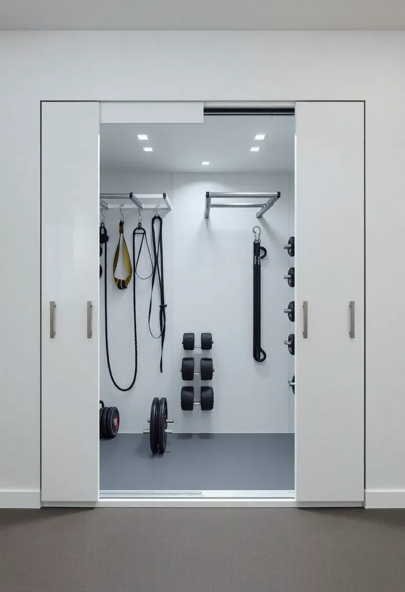 Floor-to-ceiling sliding door cabinet open to reveal organized home gym equipment — weights, bands, and mats on interior shelves and hooks