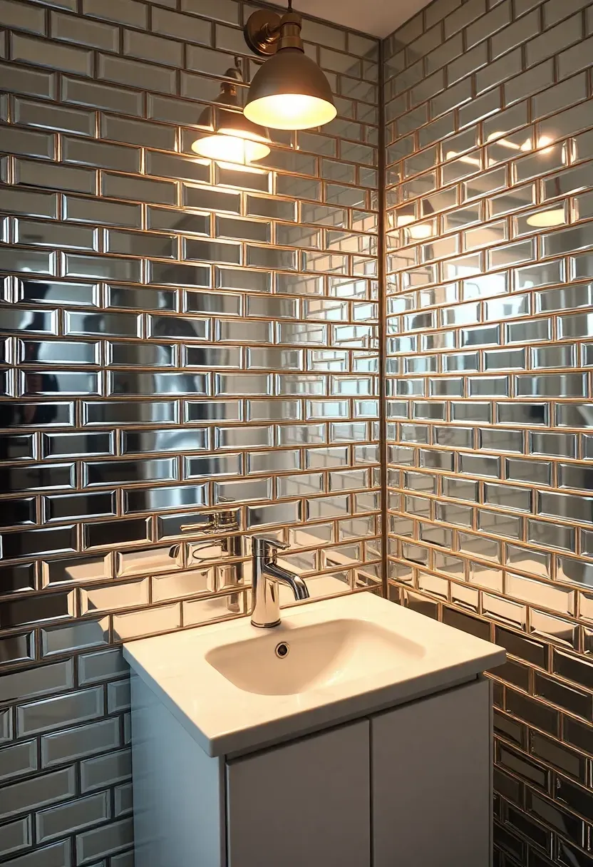 Bathroom backsplash made of beveled mirror tiles in a brick pattern behind a vanity, reflecting light and visually expanding a small bathroom space