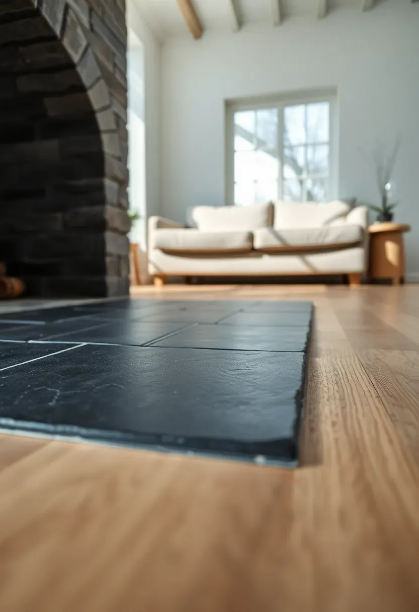 Hyper-realistic close-up view of slate hearth area in front of minimalist Scandinavian seating area. Dark gray natural cleft slate tiles with subtle color variation, visible surface texture. Light oak floor meeting slate edge. Materials: natural slate with cleft surface, matte finish, visible mineral veining. Bright daylight from window creating gentle shadows on textured surface. Earthy grounded mood. Shallow depth of field showing slate surface texture and natural variation detail. No text, no logos, no watermarks.</p>