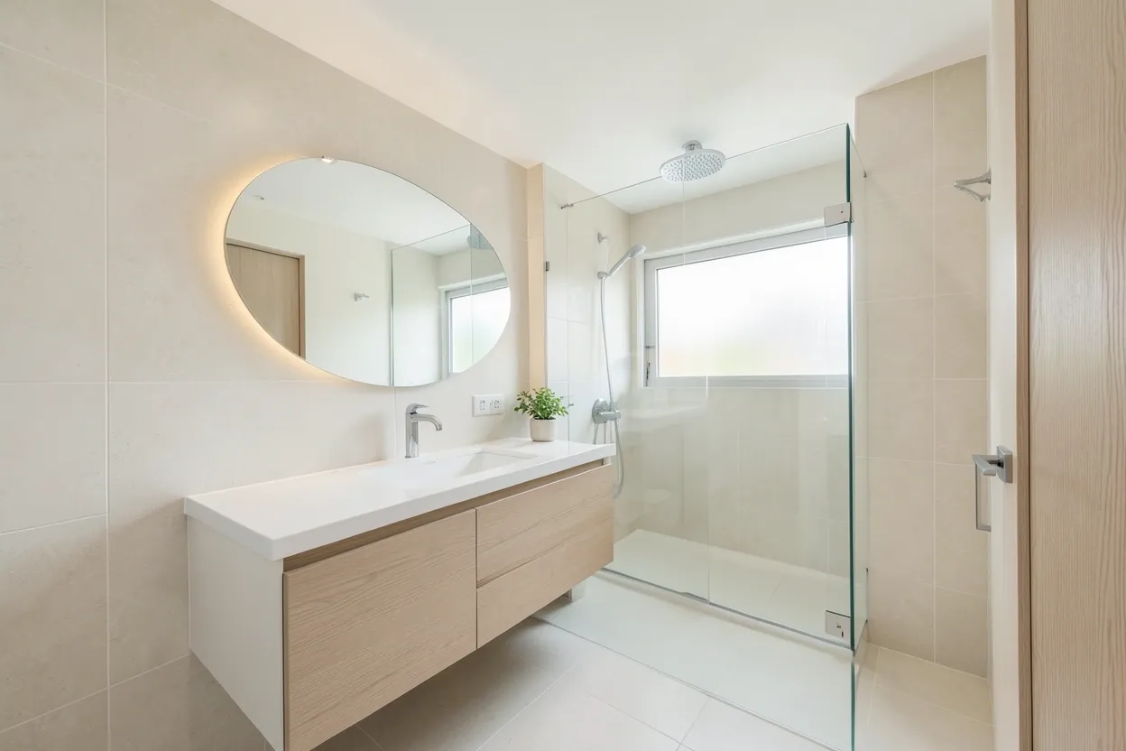 Modern apartment bathroom with floating vanity, large round mirror, and neutral tones creating a calm, minimal retreat