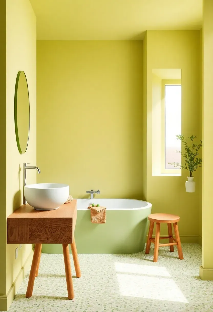 Playful pistachio green bathroom with terrazzo floor tiles, round white basin, and wooden stool