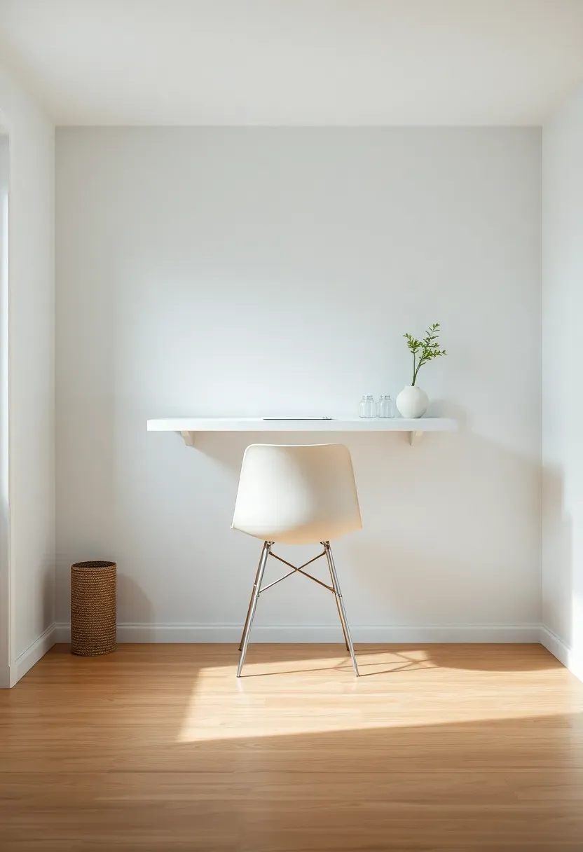 Hyper-realistic view of small minimalist living room with floating white wall-mounted desk, white chair tucks completely under, visible empty floor space beneath desk, small living room with window, light oak floor, minimalist decor. Materials: white lacquer desk surface, white wall, oak floor, white chair. Natural light, clean multi-functional mood. Floating workspace preserving floor space, shallow depth of field, no text, no logos, no watermarks.</p>