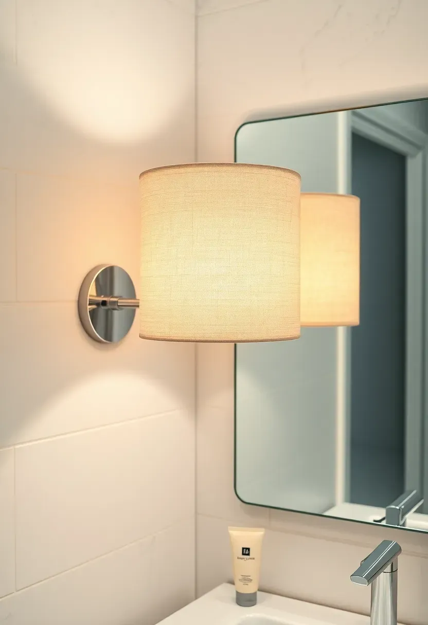 Linen drum shade wall light in cream fabric on a chrome arm mounted beside a bathroom mirror with soft warm glow