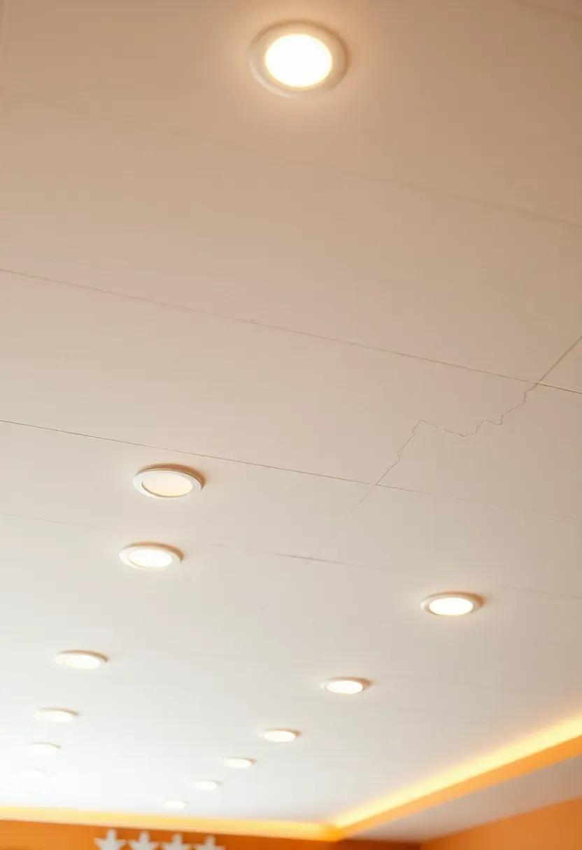 Basement apartment ceiling with recessed LED lights in a grid pattern casting warm even illumination across the room