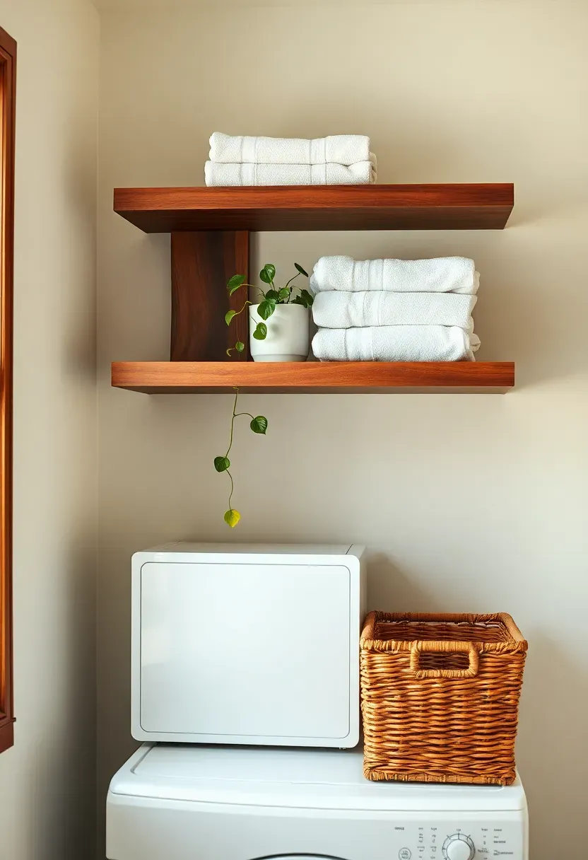 Natural walnut floating shelves mounted above a stacked washer dryer displaying folded towels, plants, and wicker baskets