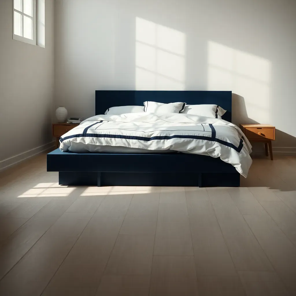 Deep Blue Low Profile Bed with Light Flooring