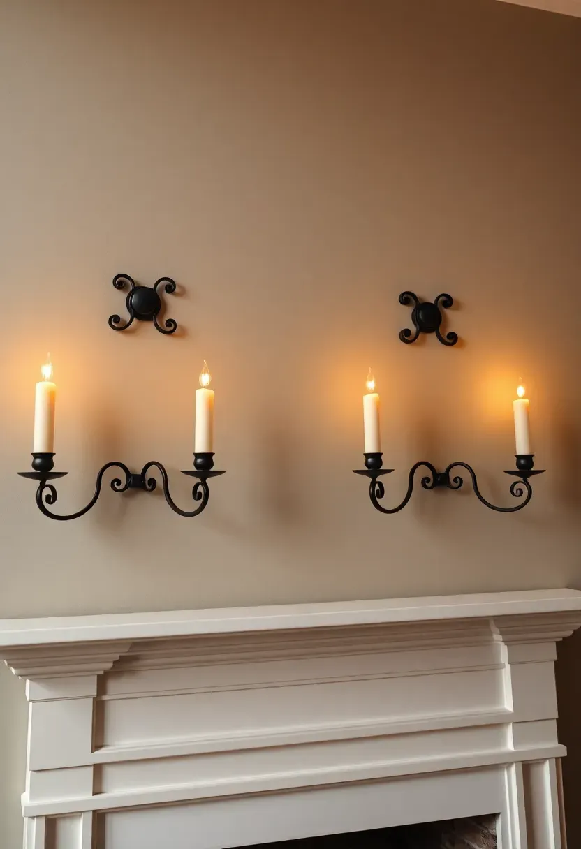 Pair of elegant wall-mounted candle sconces flanking the fireplace wall with tapered ivory candles