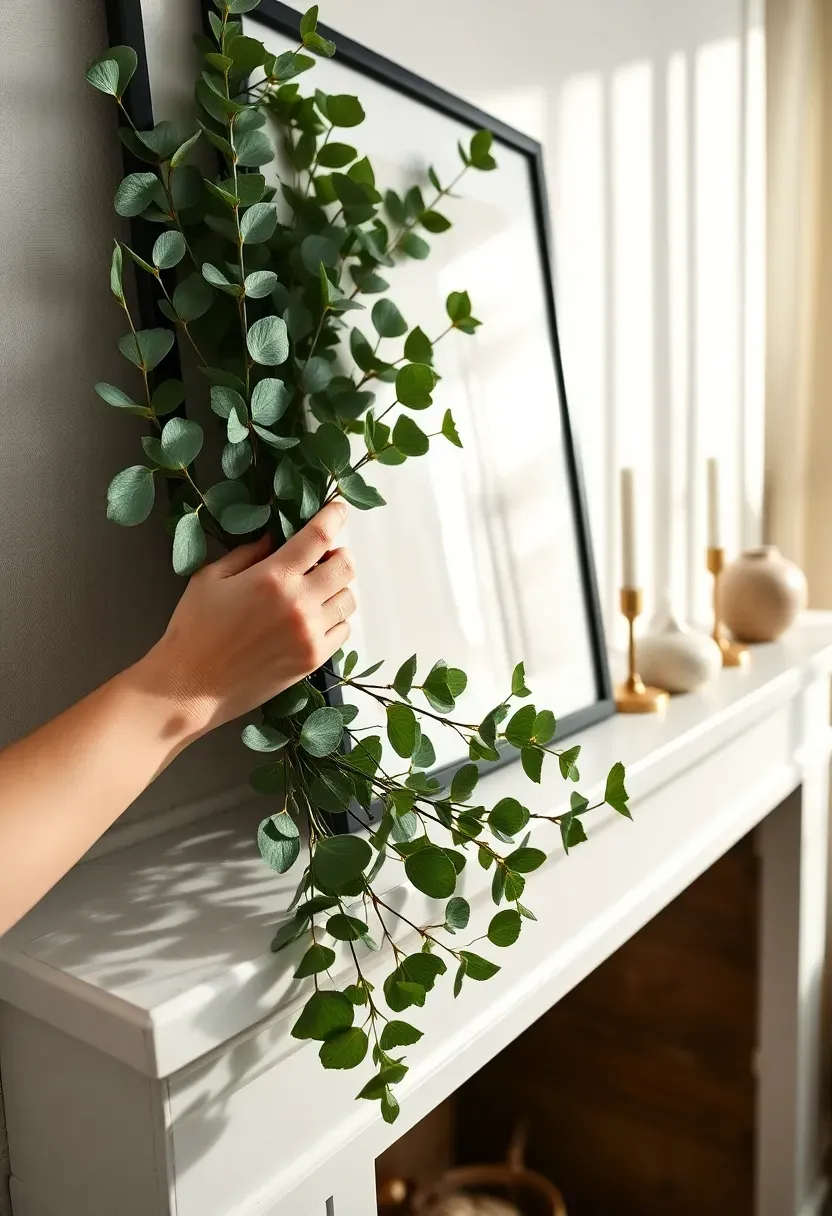 Hands tucking fresh eucalyptus stems behind a leaning mirror on a fireplace mantle, adding organic greenery that softens the display edges