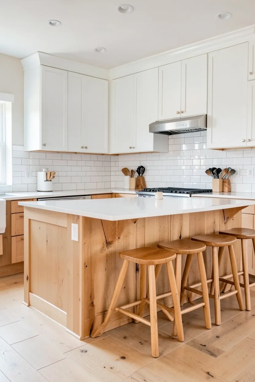 Two-tone kitchen with white upper cabinets and warm wood lower cabinets, creating visual balance in a bright small apartment kitchen