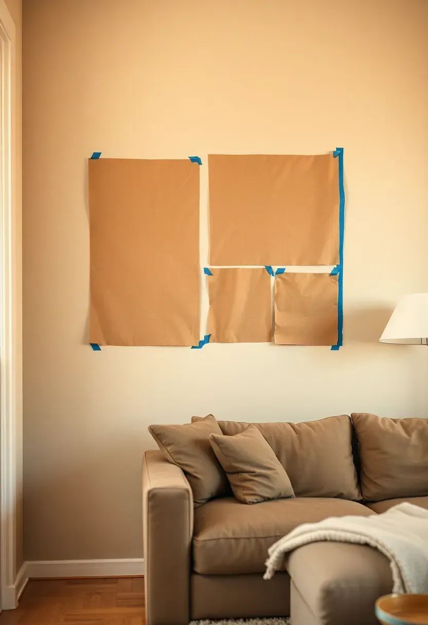 Kraft paper templates of five frames taped to a living room wall with blue painter's tape — arranged in an asymmetric gallery cluster, sofa and floor lamp in soft focus behind
