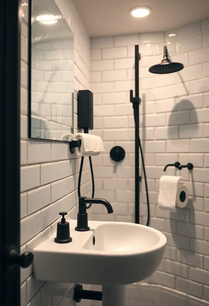 Basement bathroom with coordinated matte black faucet, showerhead, towel bar, and toilet paper holder against white tile