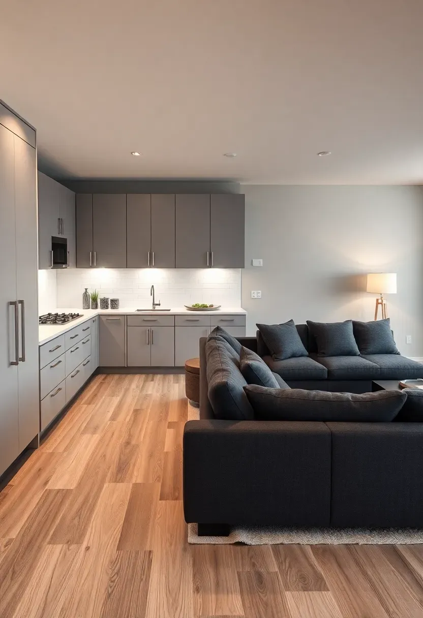 Wide open basement with a modern kitchen along one wall flowing into a living room area with a sectional sofa and area rug