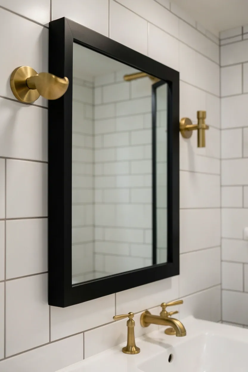 Black metal pendant lights hanging above a bathroom vanity adding dramatic vertical dimension