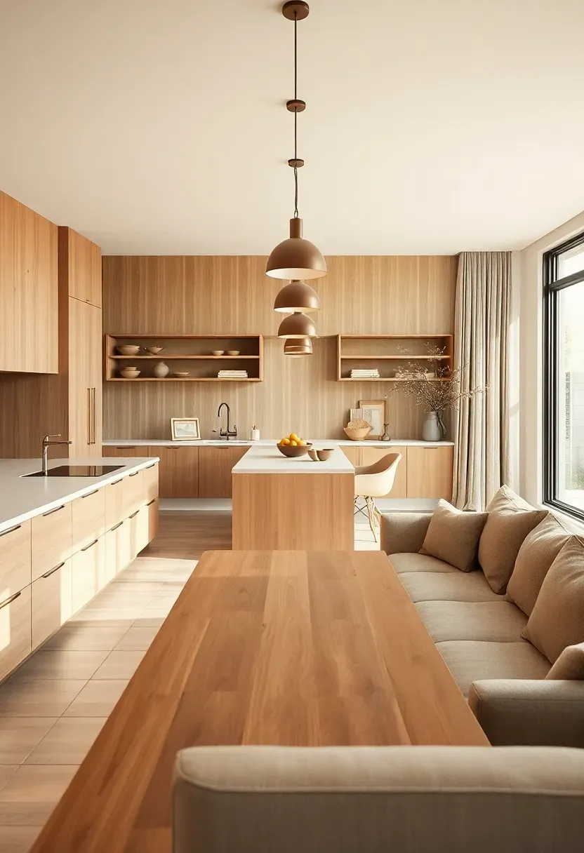 Dining-zone open kitchen with a long table axis