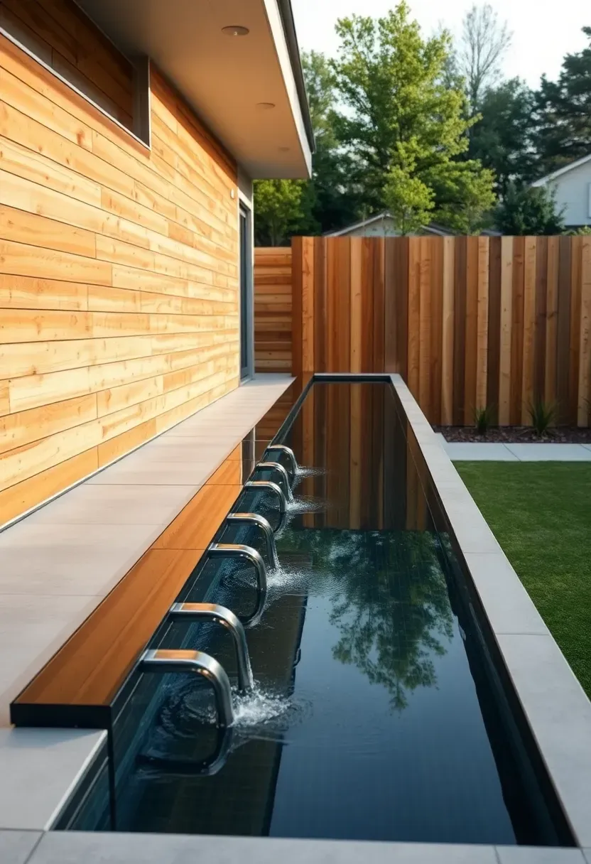 Sleek narrow lap pool with swim jets along a modern fence line