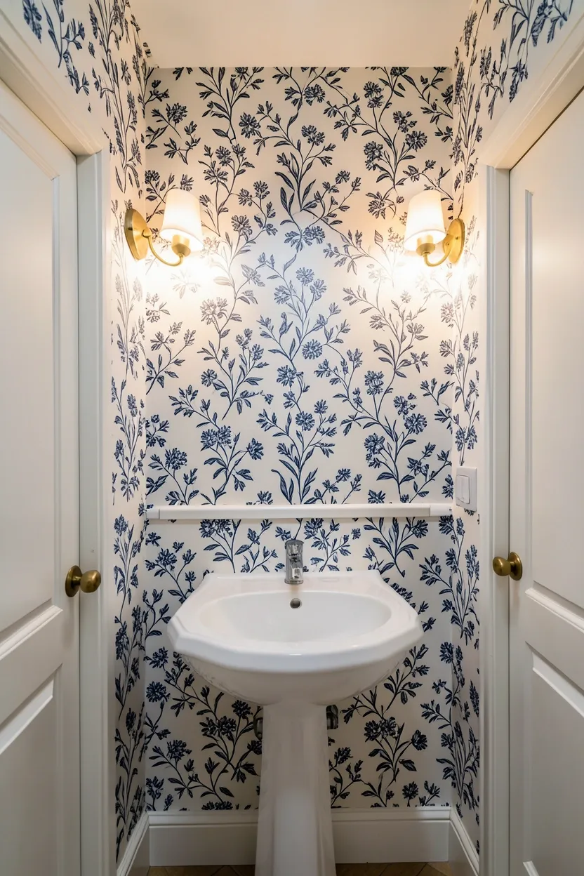 Blue Patterned Wallpaper with White Fixtures