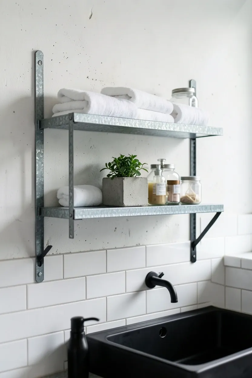 Hyper-realistic eye-level photograph of galvanized metal shelving unit mounted on white concrete wall. Two shelves with folded white towels, small concrete planter with green plant, glass jars with toiletries, black metal brackets supporting shelves. Concrete wall with subway tile, matte black sink on vanity visible in foreground. Materials: galvanized steel with weathered patina, white cotton towels, concrete planters, clear glass jars, white ceramic tiles, matte black sink. Natural ambient light, authentic industrial atmosphere. Shallow depth of field, sharp details on galvanized finish and metal connections, balanced composition showing shelves and wall context. No text, no logos, no watermarks.</p>