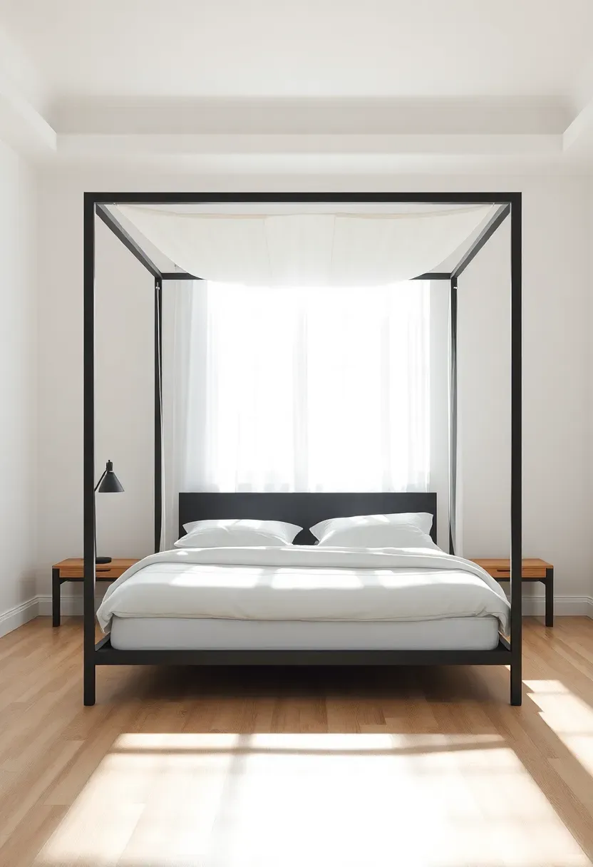 modern canopy bed with slim black metal frame and sheer linen draping in a bright airy bedroom