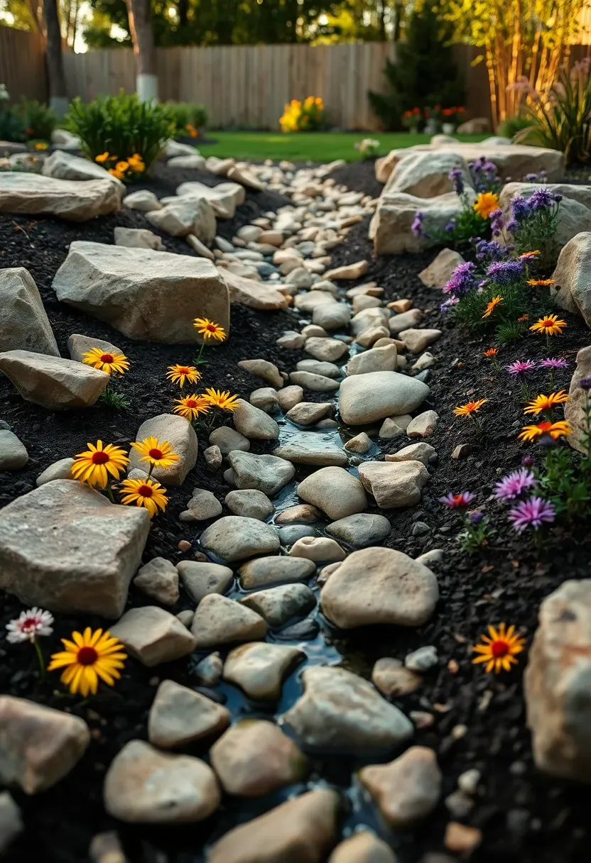 A dry creek bed winding through a backyard with river rocks and flowering perennials like black-eyed Susans and daylilies planted along the banks