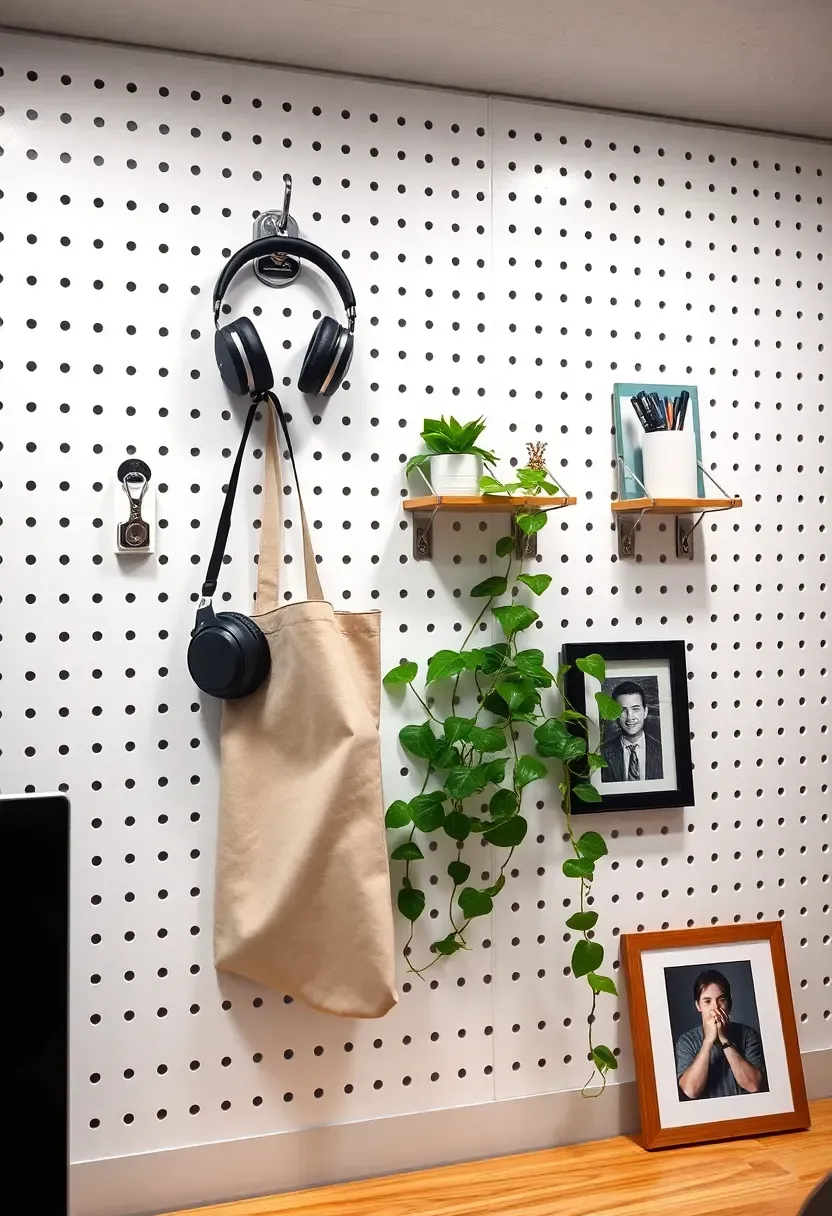Basement office wall covered in white pegboard with organized tools, supplies, shelves, and desk accessories