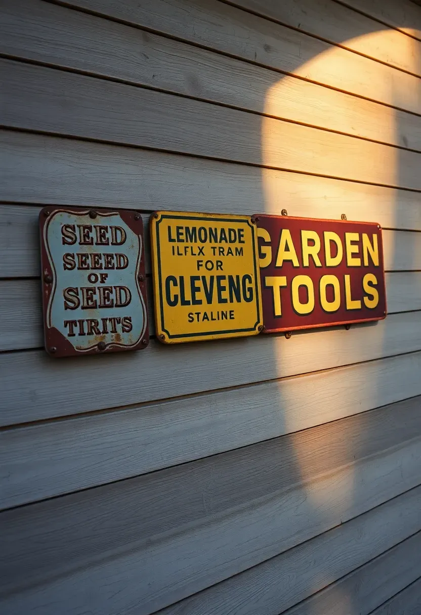 Weathered vintage metal signs for lemonade and garden tools mounted on a cedar plank exterior wall