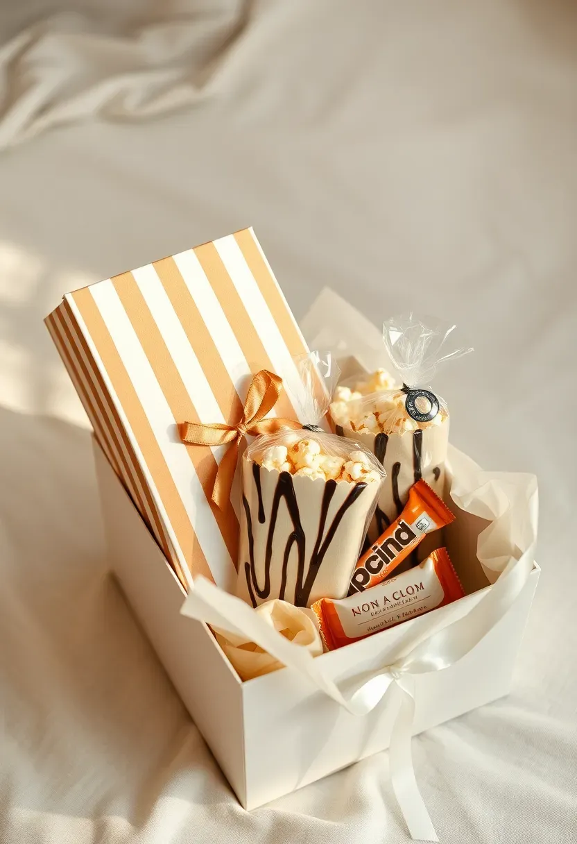 striped kraft popcorn box and chocolate drizzled popcorn bags in white gift box with ribbon on linen