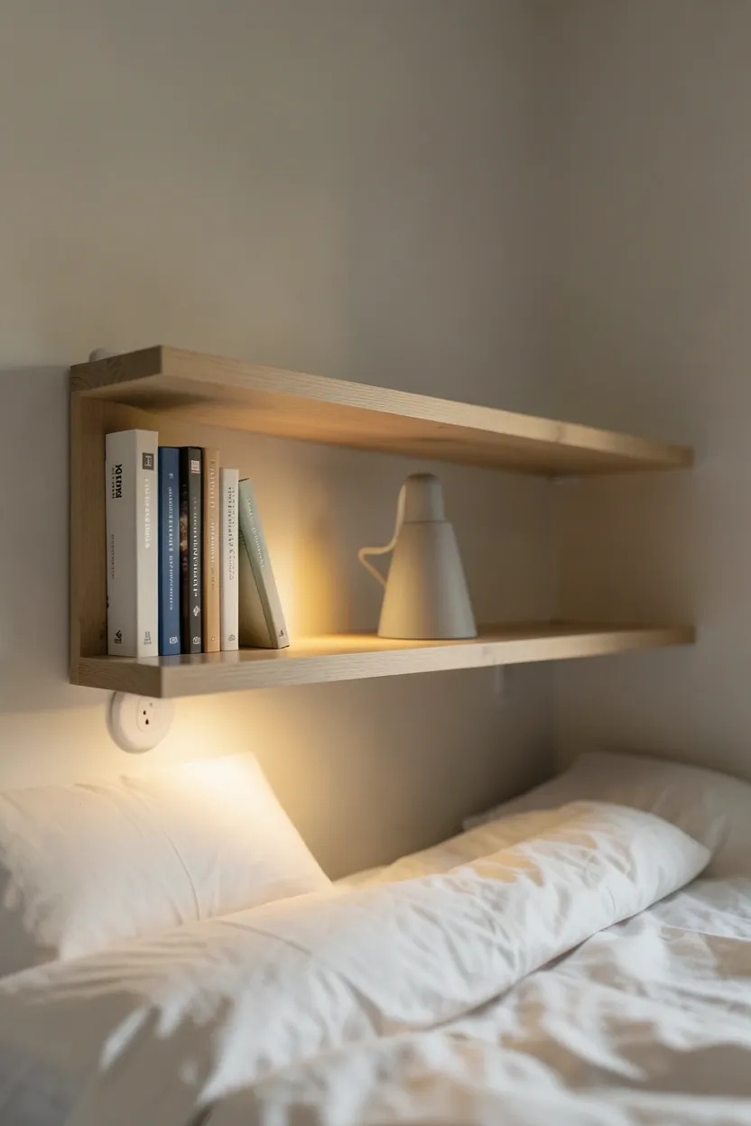 Narrow floating white shelf spanning above a bed frame with three books and an under-shelf LED lamp — space-saving minimalist bedroom reading nook idea
