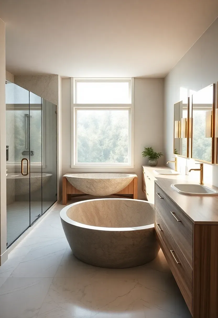 L-shaped primary bathroom suite with separate shower and soaking tub in different wings