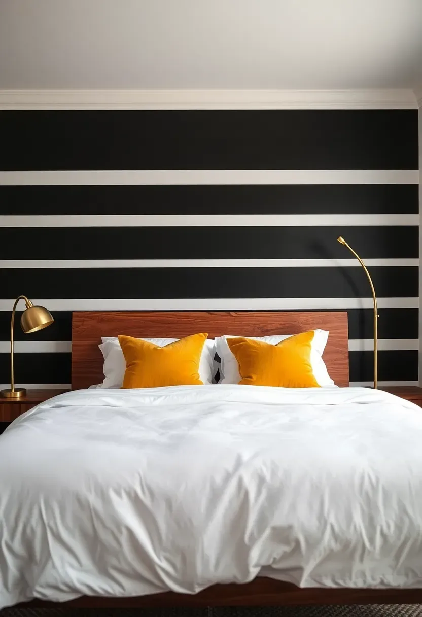 contemporary bedroom with a bold black and white horizontal stripe mural accent wall behind a mid-century modern bed with mustard throw pillows