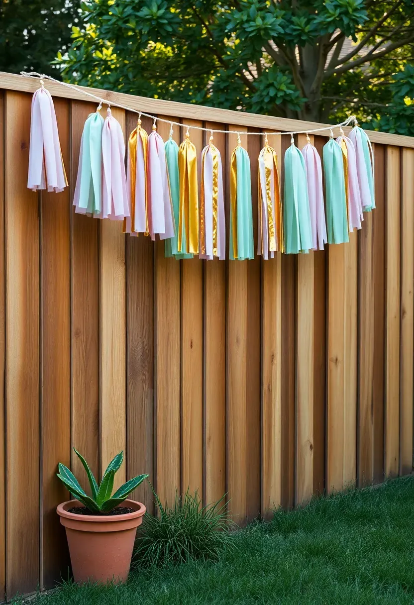 A wooden backyard fence decorated with colorful tissue paper tassel garlands in pink, gold, and mint green for a birthday celebration