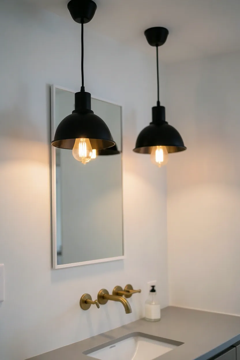 Black granite slab countertop with undermount sink and chrome fixtures for a bold minimalist vanity