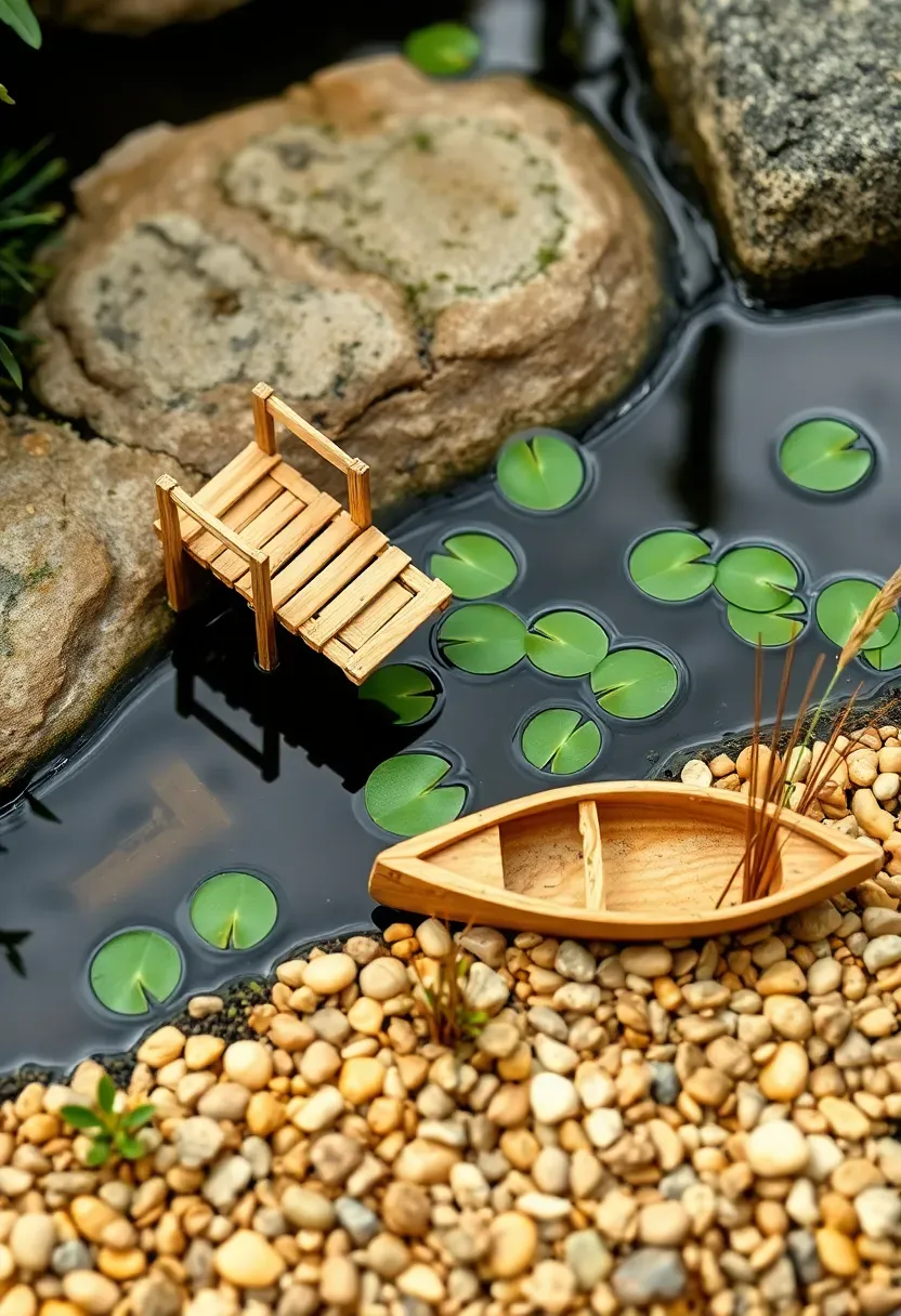 A fairy garden scene at the edge of a small backyard pond with lily pads, featuring a tiny wooden dock, a pebble beach, and miniature reed plants