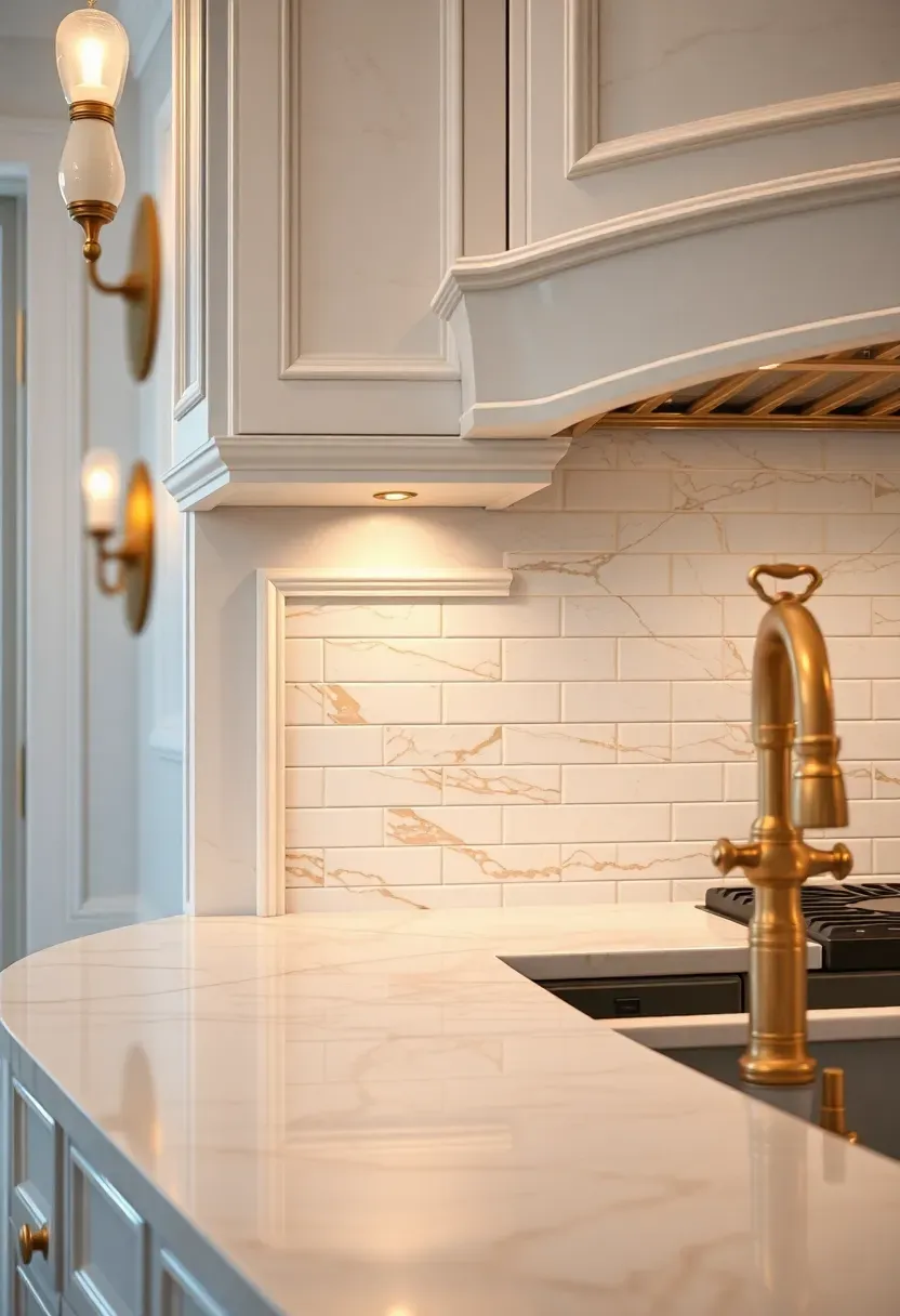 elegant marble ogee trim molding in Calacatta gold finishing a white marble mosaic backsplash in luxury traditional kitchen