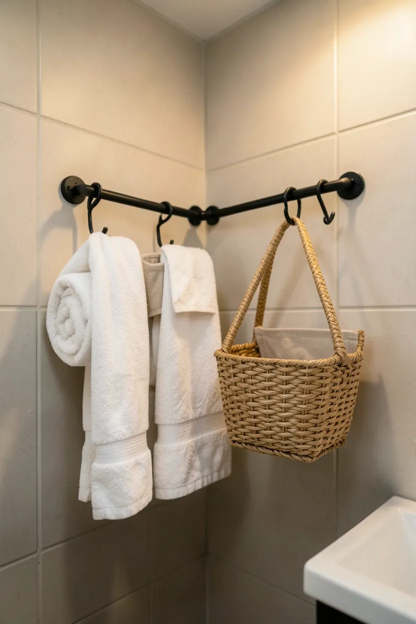 Tension rod installed diagonally in bathroom corner with S-hooks holding rolled towels and a small hanging plant in a rental apartment