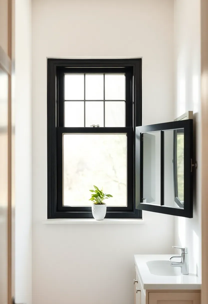 Black window trim framing a frosted bathroom window with natural light in a modern rental apartment