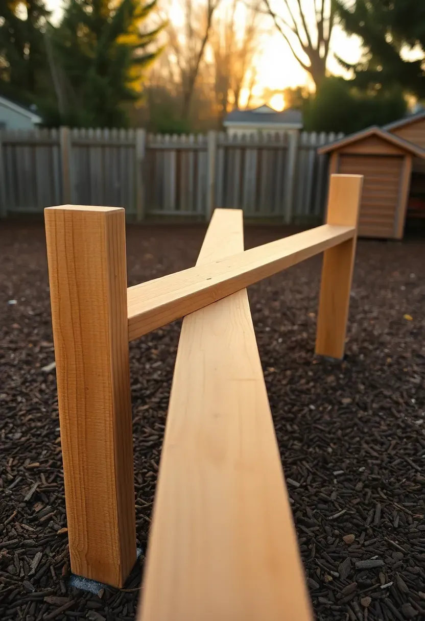Wooden balance beam course with three connected beams at different heights in a mulch-covered backyard play area