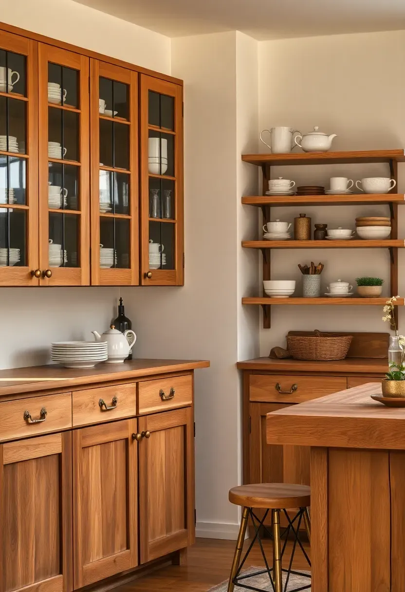 Hyper-realistic 3/4 view of a rustic kitchen showing mix of open and closed storage. Reclaimed wood lower cabinets with brass hardware throughout. Upper cabinets on left wall with glass-front doors revealing white ceramic dishes and glass storage containers. Open wooden shelves on right wall with vintage mugs, cutting boards, and small plants displayed. Creamy white walls, warm natural light from windows. Butcher block island with stools visible below. Materials: reclaimed oak, natural pine shelving, white ceramic, glass, brass. Balanced visual interest with warm inviting mood. Visible kitchen context - all cabinetry and shelving showing thoughtful mix of display and storage. Slight dust on shelf items, water ring near sink showing use. No text, no logos, no watermarks. Negative prompt: 