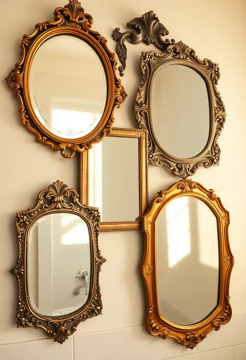 Asymmetric cluster of five vintage mirrors with mixed ornate frames on a warm white bathroom wall reflecting natural light