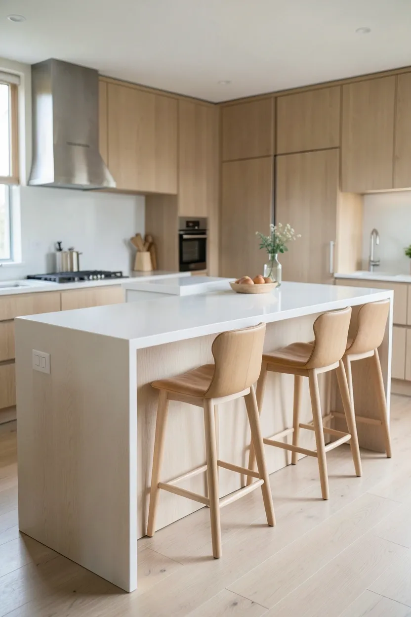 Japandi kitchen with natural linen pendant light over island providing warm, diffused illumination