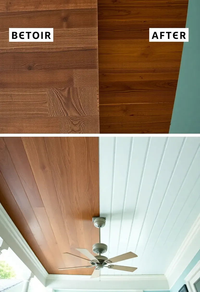 Before and after of a ranch porch ceiling showing raw plywood replaced with tongue and groove beadboard painted soft haint blue