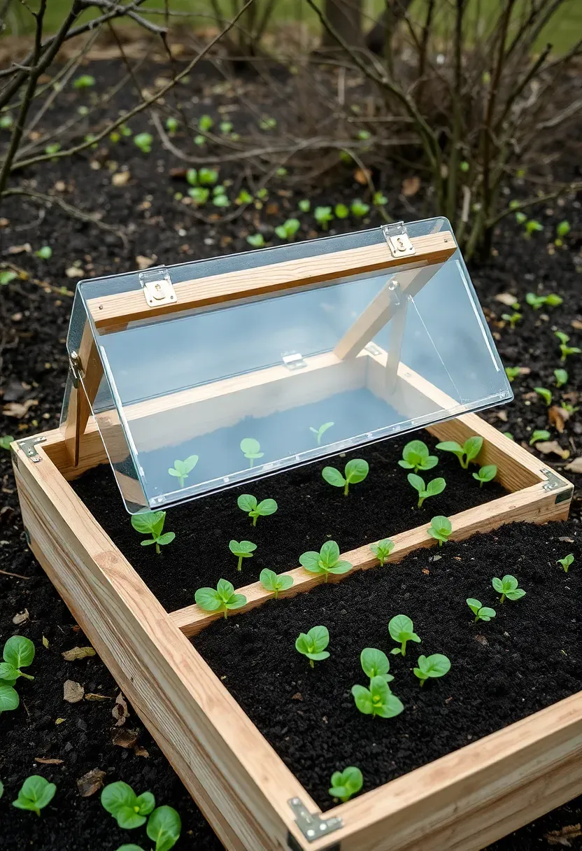 A wooden cold frame with glass lids propped open revealing rows of young lettuce and spinach seedlings in early spring