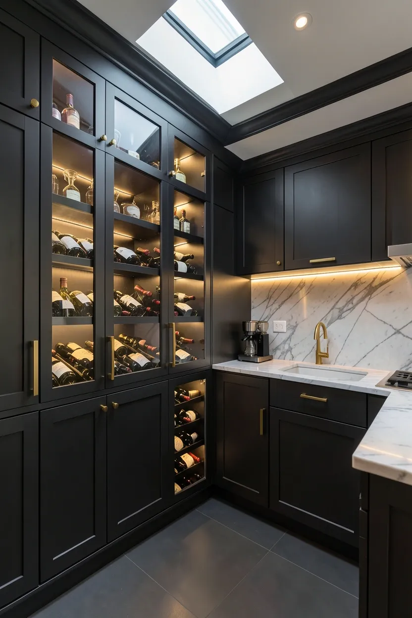 Luxury kitchen butler's pantry with dark charcoal cabinets, built-in wine rack with LED lighting, glass-front uppers, and marble countertop beverage station
