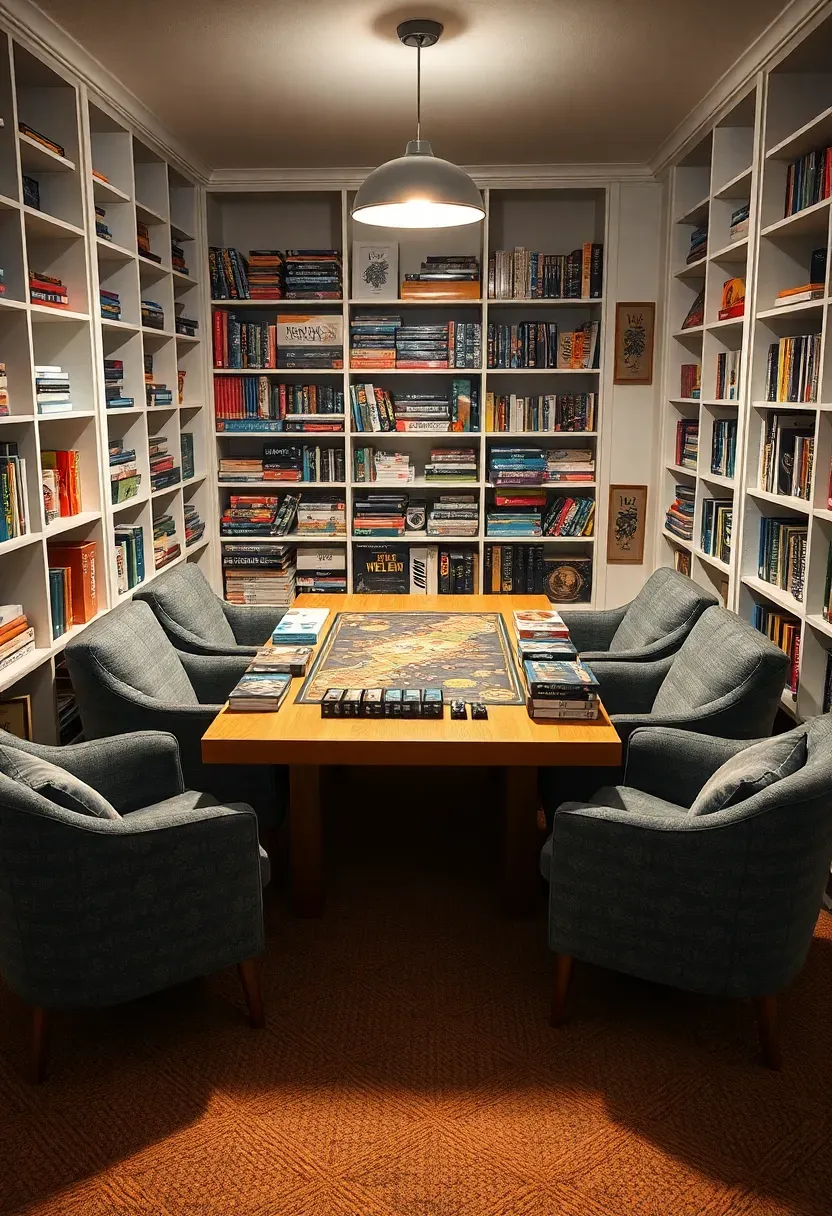 cozy basement lounge with floor-to-ceiling shelves of board games and a large table set up for a strategy game
