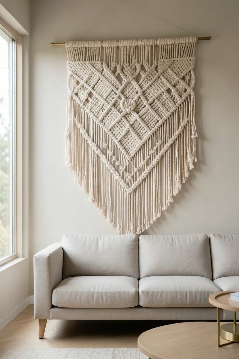 Large cream macramé wall hanging above a sleek modern sofa in a boho-vintage rental living room