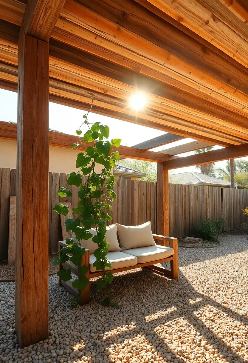 Rustic pallet shade structure over an Arizona backyard seating area with climbing vines, weathered wood, and dappled sunlight filtering through